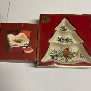 Lenox Festive cardinal  Tree-Shaped Dish Set - Cream and Red